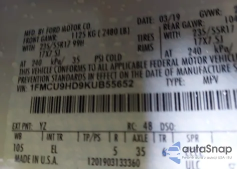 2019 Ford Escape Sel из США, поврежденный, VIN 1FMCU9HD9KUB55652